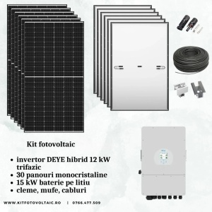 KIT 30 PANOURI FOTOVOLTAICE + INVERTOR DEYE HIBRID 12kw trifazic + ACUMULATOR 15kw