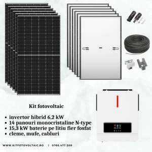 KIT 14 PANOURI FOTOVOLTAICE + INVERTOR HIBRID 6,2-7kW + ACUMULATOR 15,3kw LifePO4