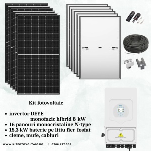 KIT 16 PANOURI FOTOVOLTAICE + INVERTOR DEYE HIBRID MONOFAZIC 8 kW + ACUMULATOR 15,3kw LifePO4 (Copy 1)