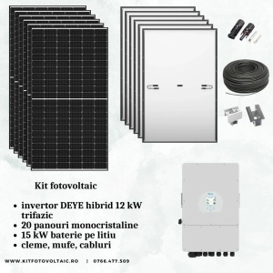 KIT 20 PANOURI FOTOVOLTAICE + INVERTOR DEYE HIBRID 12kw trifazic + ACUMULATOR 15kw