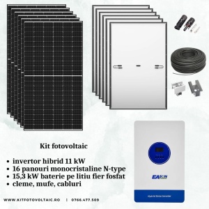 KIT 16 PANOURI FOTOVOLTAICE + INVERTOR HIBRID 11kW + ACUMULATOR 15,3kw