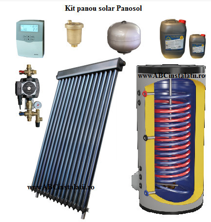 Kit pachet Panou solar Panosol cu 45 tuburi vidate si boiler 300 litri cu 2 serpentine pentru 6-8 persoane