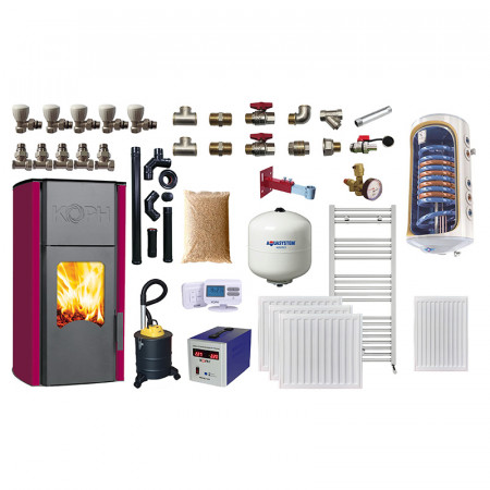 Pachet complet termosemineu cu peleti KOPH 13 kW, vas expansiune 8l, pompa recirculare, kit evacuare, boiler termoelectric 120L, termostat wi-fi