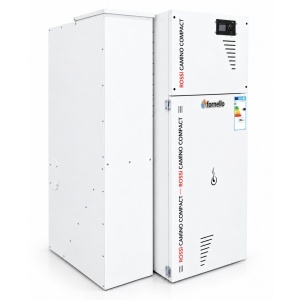 Centrala termica compacta pe peleti Fornello Rossi Camino Compact Big Hopper 35 kw, pompa de circulatie, vas expansiune, tiraj fortat, curatare manuala a arzatorului si a drumurilor de fum, Ecodesign, A+, cu rezervor 140 kg