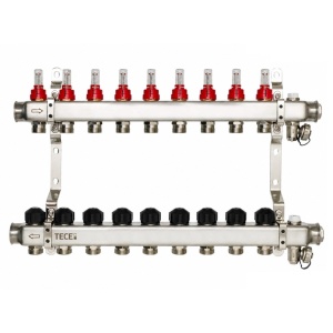 Distribuitor incalzire pardoseala, cu debitmetre, Tece 77331009, inox, filet interior, 9 cai, 1"