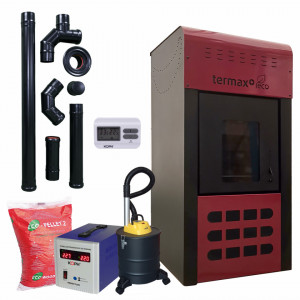 Pachet termosemineu cu peleti Termax Kamin PM 15 kW, 120 mp, buncar peleti 30 kg, volum apa 30 litri, diametru cos fum ⌀80 mm, vas expansiune si pompa recirculare incluse, Bordo