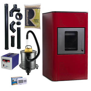 Pachet termosemineu cu peleti Termax Kamin PM 15 kW, 120 mp, buncar peleti 30 kg, volum apa 30 litri, diametru cos fum ⌀80 mm, vas expansiune si pompa recirculare incluse, Bordo - Img 2
