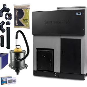 Pachet centrala cu peleti Termax ECO GRI 35 kW, 220 mp, buncar peleti 120 kg, diametru cos fum ⌀80 mm, volum apa 105 litri