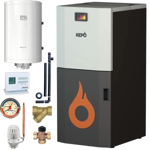 Pachet incalzire STANDARD cu cazan pe peleti, cu curatarea manuala a arzatorului, 35 kW KEPO, cu KIT de instalare si boiler termoelectric