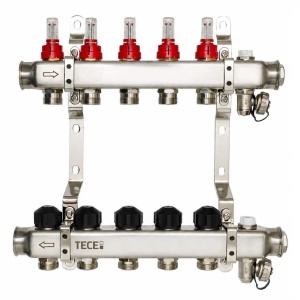 Distribuitor incalzire pardoseala, cu debitmetre, Tece 77331005, inox, filet interior, 5 cai, 1"