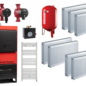 Pachet centrala/cazan pe lemn/carbune KOPH Panzzer 30 kW/35 kW cu regulator de tiraj inclus, Ø 130 mm, volum manta apa 70 litri, complet echipata