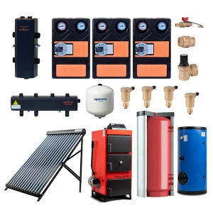 Pachet centrala/cazan Termax Nordik 46 kW echipata cu Puffer 1000 litri, Butelie de egalizare, Grupuri de pompare, Boiler stativ 200 litri, Colector solar 24 tuburi si accesorii