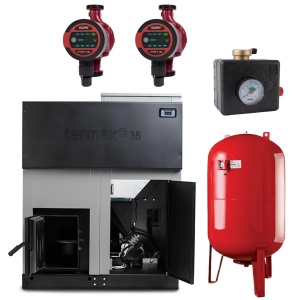 Pachet centrala cu peleti Termax ECO GRI 100 kW, 650 mp, buncar peleti 150 kg, vas expansiune 100 litri, pompe de recirculare, grup de siguranta Herz