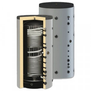 Puffer igienic combinat SUNSYSTEM HYG BR2 500/20 cu o serpentina sanitara INOX pentru producere Apa Calda Menajera, doua Serpentine pentru Panouri Solare cu Antigel si Stocare Agent Termic pentru Incalzire 500 Litri