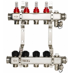 Distribuitor incalzire pardoseala, cu debitmetre, Tece 77331004, inox, filet interior, 4 cai, 1"
