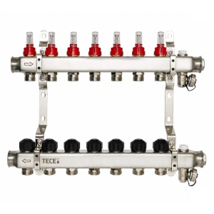 Distribuitor incalzire pardoseala, cu debitmetre, Tece 77331007, inox, filet interior, 7 cai, 1"