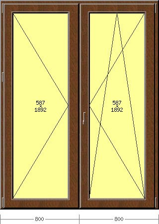 Porta balcone 2 ante Salamander, 1600 x 2100, colore legno standard, vetro Saint Gobain, ferramenta Roto