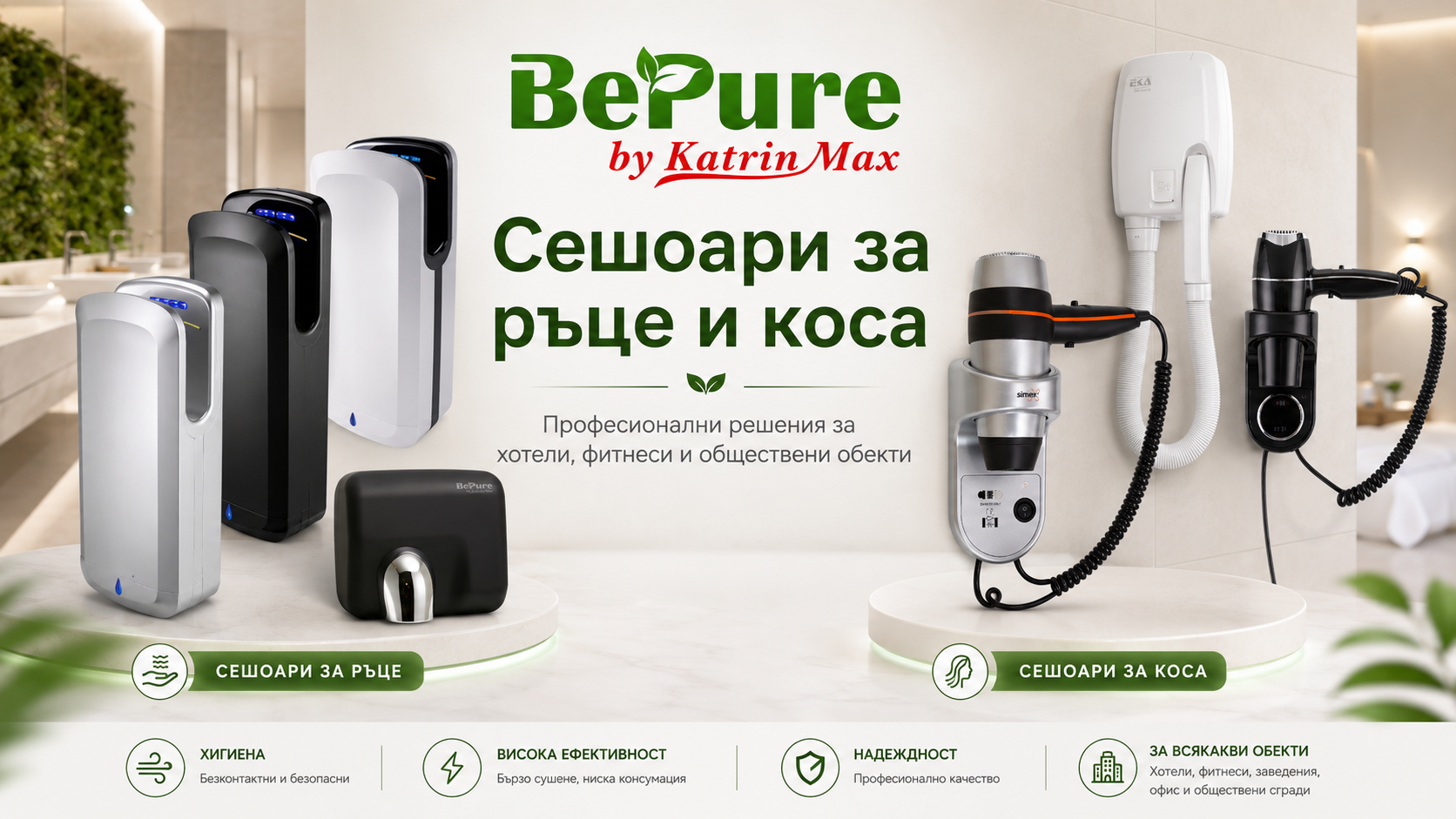 Професионални сешоари за ръце и коса за хотели, фитнеси и обществени обекти