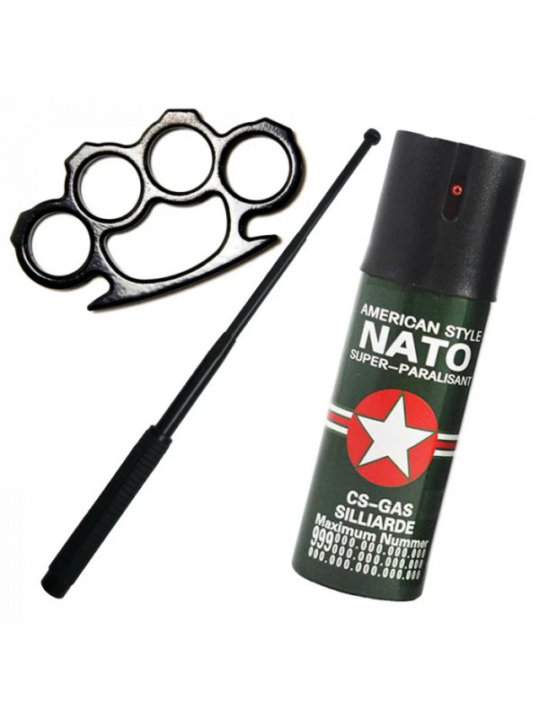 Set autoaparare baston telescopic din otel, 64 cm, 4 sectiuni, box si spray paralizant Nato