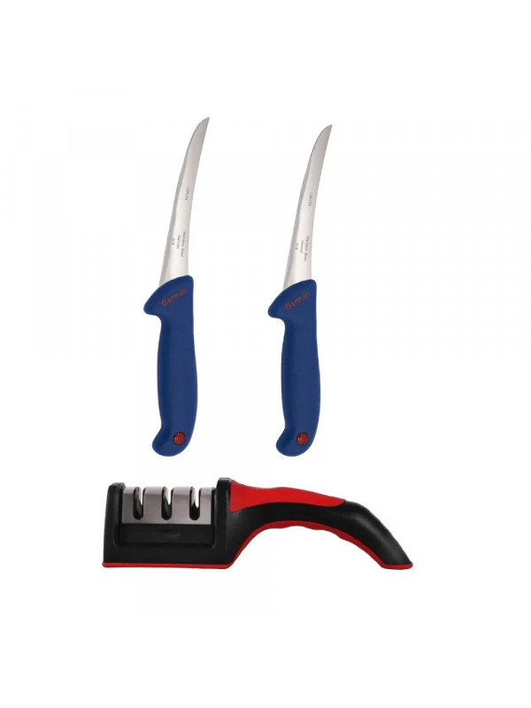 Set pentru macelarie, 2 cutite transat -Albastru si un dispozitiv manual ascutit cutite
