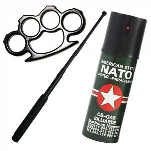 Set autoaparare baston telescopic din otel, 64 cm, 4 sectiuni, box si spray paralizant Nato