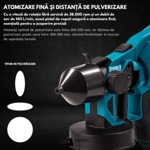 Pistol pentru vopsit profesional, fara fir, 48V, electric, cu 2 acumulatori Li-Ion, 210W, capacitate 800 ml - Img 2