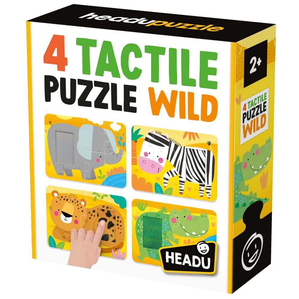 Headu - 4 Puzzleuri tactile animale din salbaticie cu piese mari pentru copiii de peste 2 ani