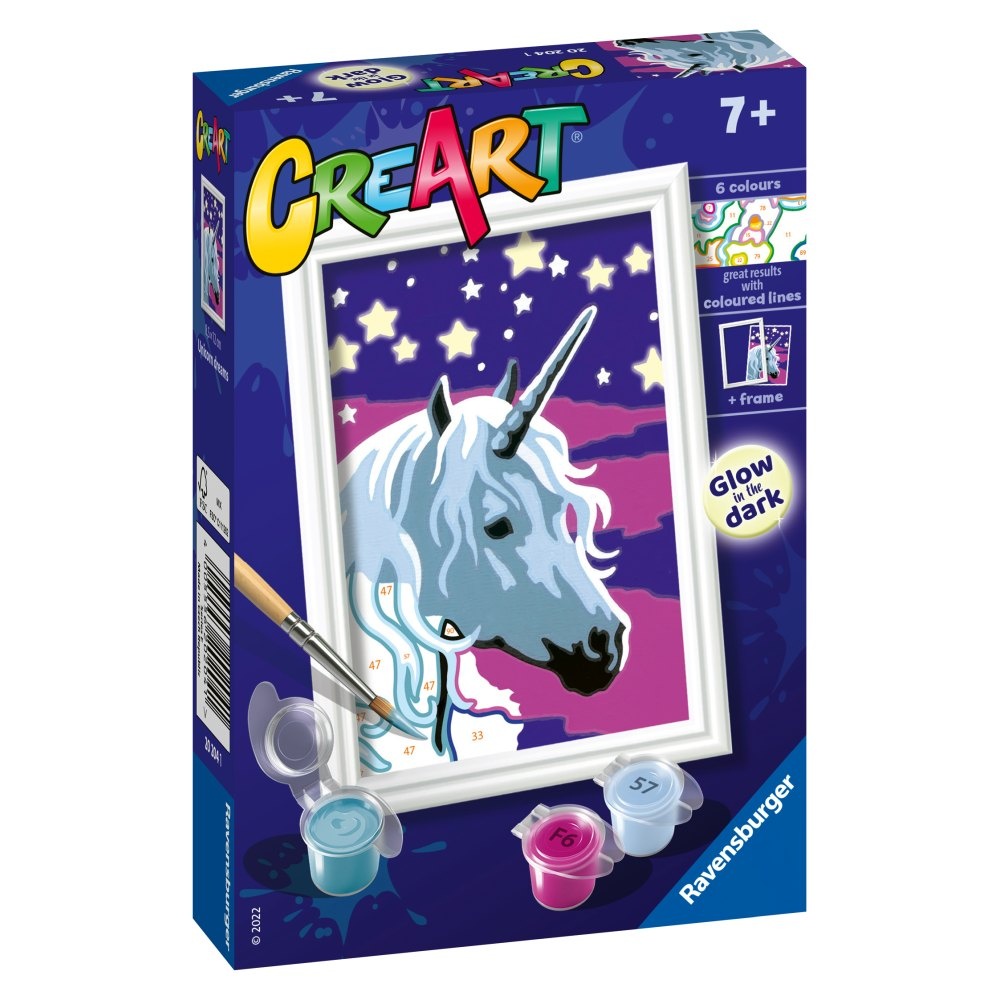 Ravensburger - CreArt pictura pe numere pentru copii unicorn visator care straluceste in intuneric - 1 | YEO