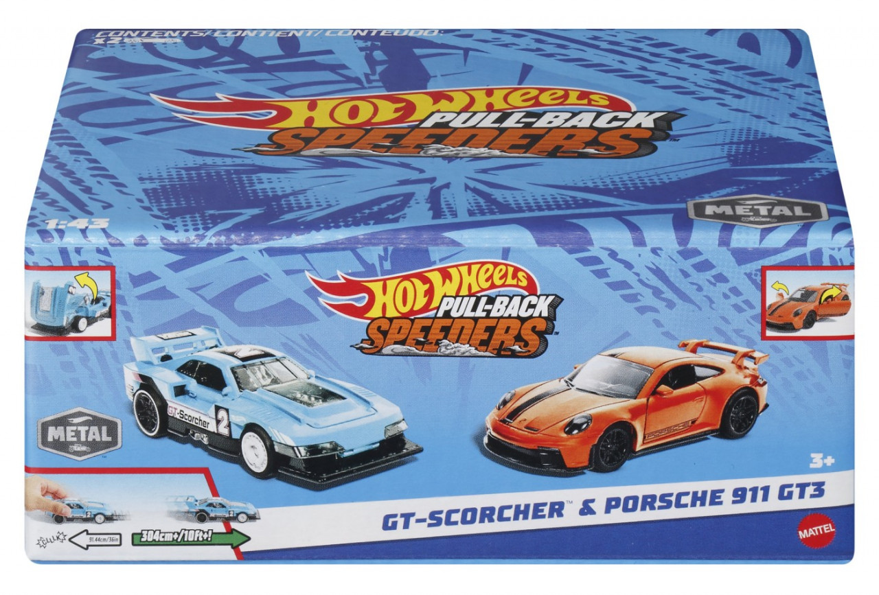 Hot Wheels Set 2 Masinute Metalice Pull Back Gt-Scorcher Si Porsche 911 Gt3 1:43 - 1 | YEO