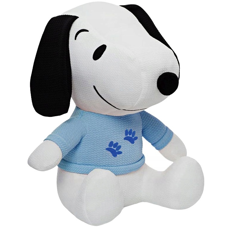 Jucarie din material textil elastic Snoopy cu bluza bleu, 32 cm (asezat)