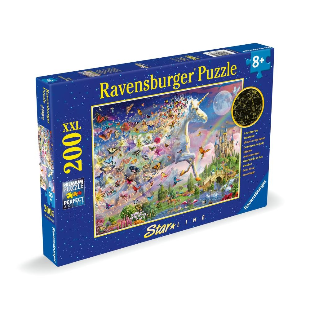 Ravensburger - Puzzle Star Line Unicorn si fluturi care lumineaza in intuneric 200 piese XXL - 1 | YEO