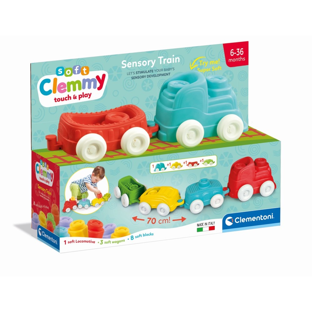 Clementoni - Jucarie educationala Soft Clemmy tren senzorial pentru dezvoltarea senzoriala si motorie a copiilor
