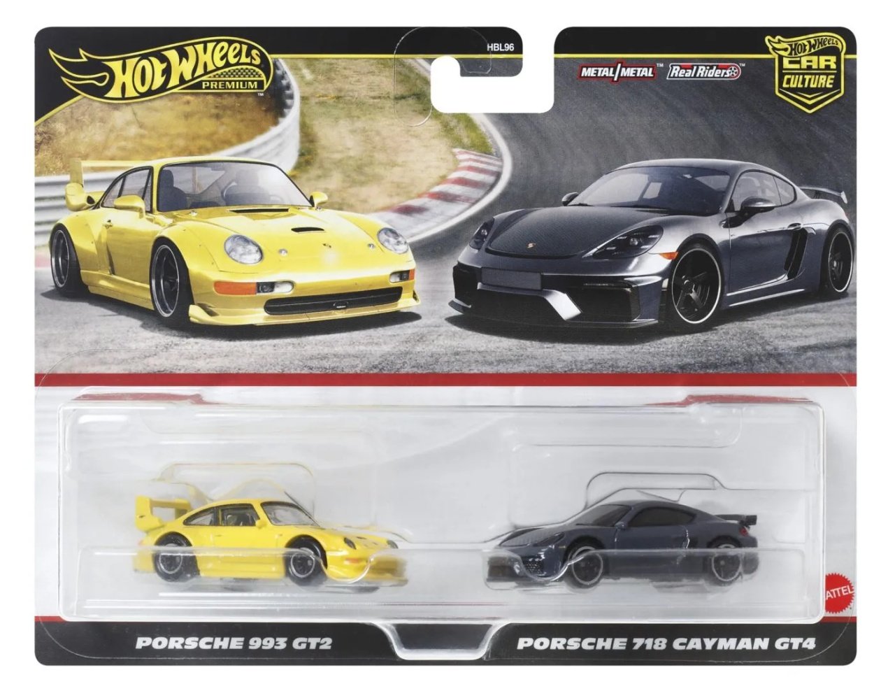 Hot Wheels Premium Set 2 Masinute Metalice Porsche 993 Gt2 Si Porsche 718 Cayman Gt4 Scara 1:64