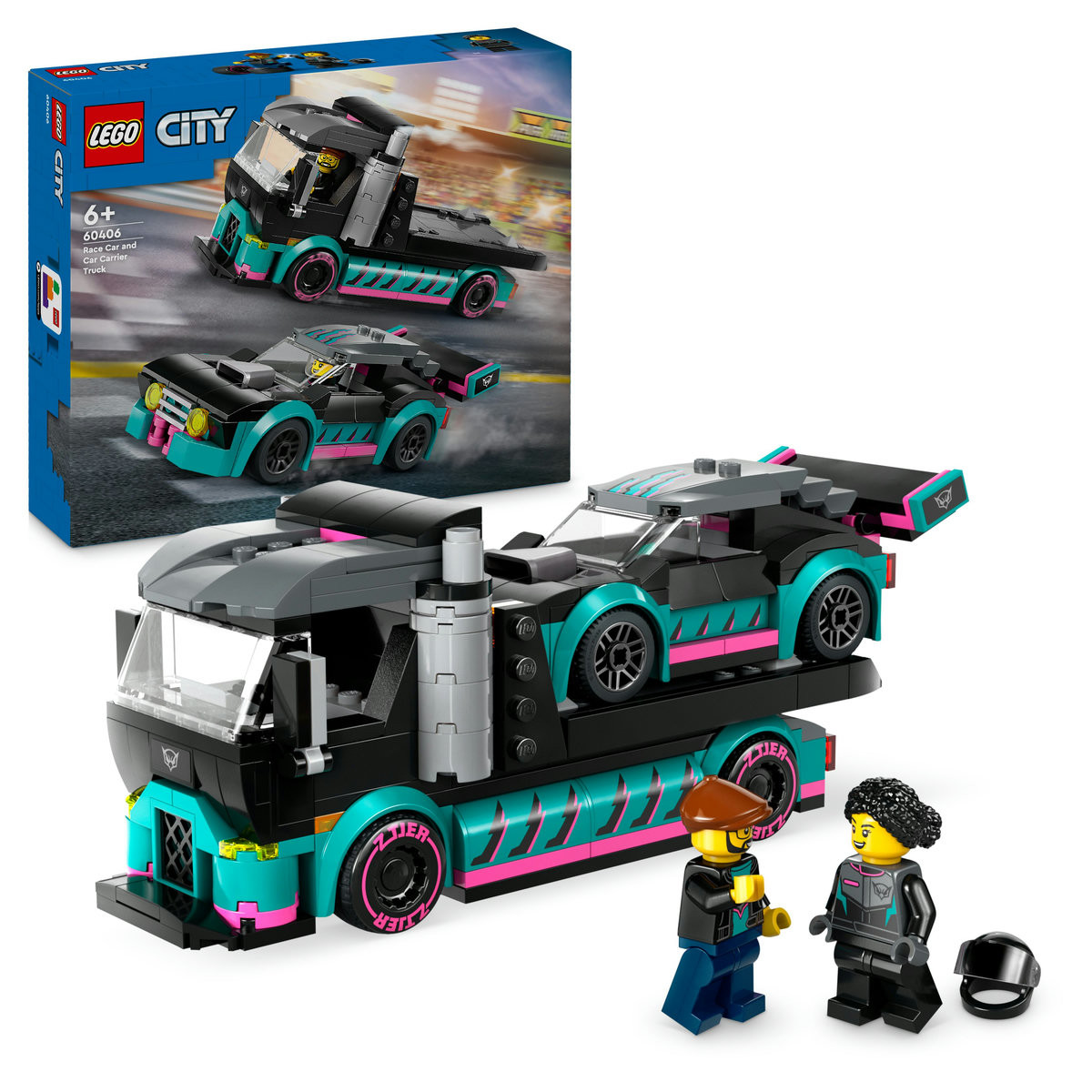 Set LEGO City - Masina de curse si camion transportator (60406)