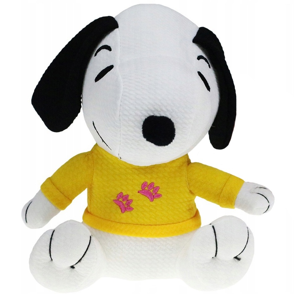 Jucarie din material textil elastic Snoopy cu bluza galbena, 32 cm (asezat)