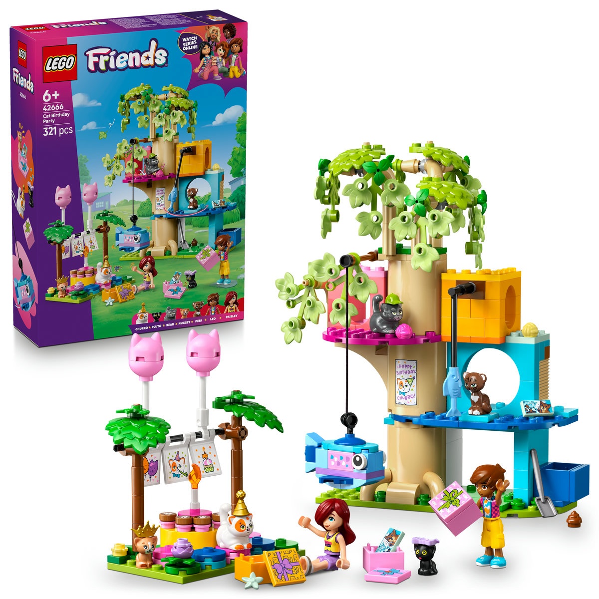 Set LEGO Friends - Petrecere de ziua de naştere a pisicii şi căsuţă în copac (42666)