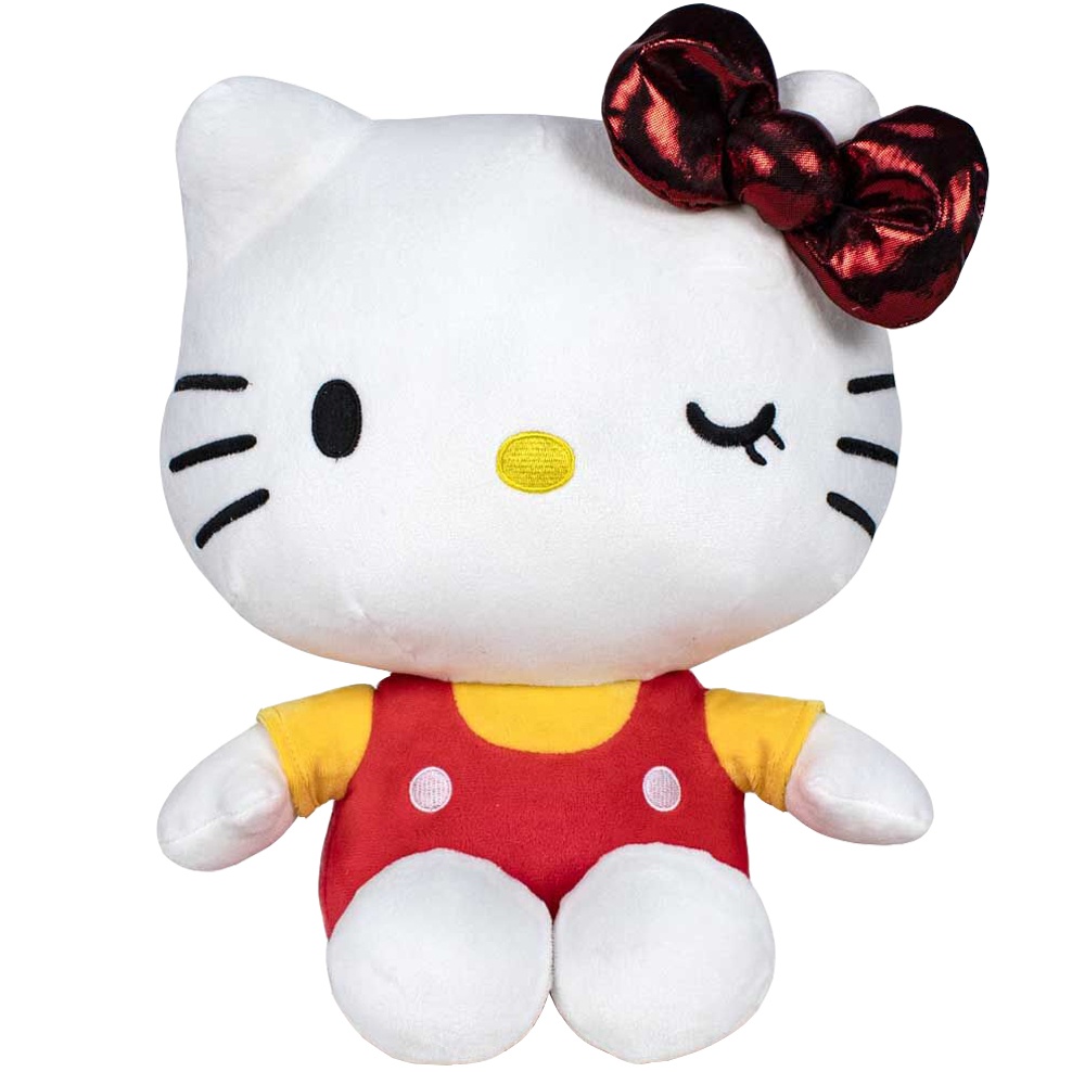 Jucarie din plus Hello Kitty cu salopeta rosie, Editie aniversara, 22 cm