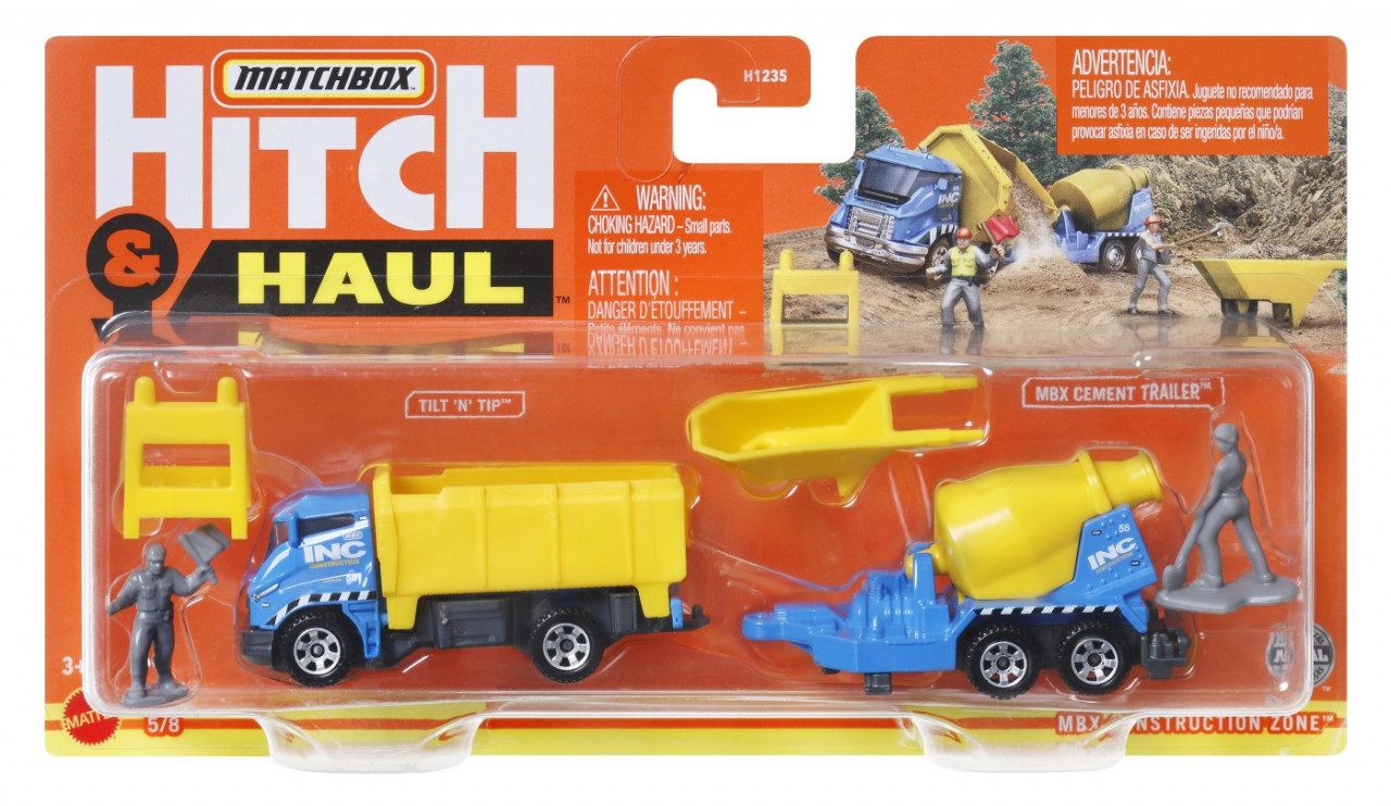 Matchbox Hitch&Haul Set 2 Vehicule Mbx Construction Zone Tilt N Tip Mbx Cement Trailer Scara 1:64