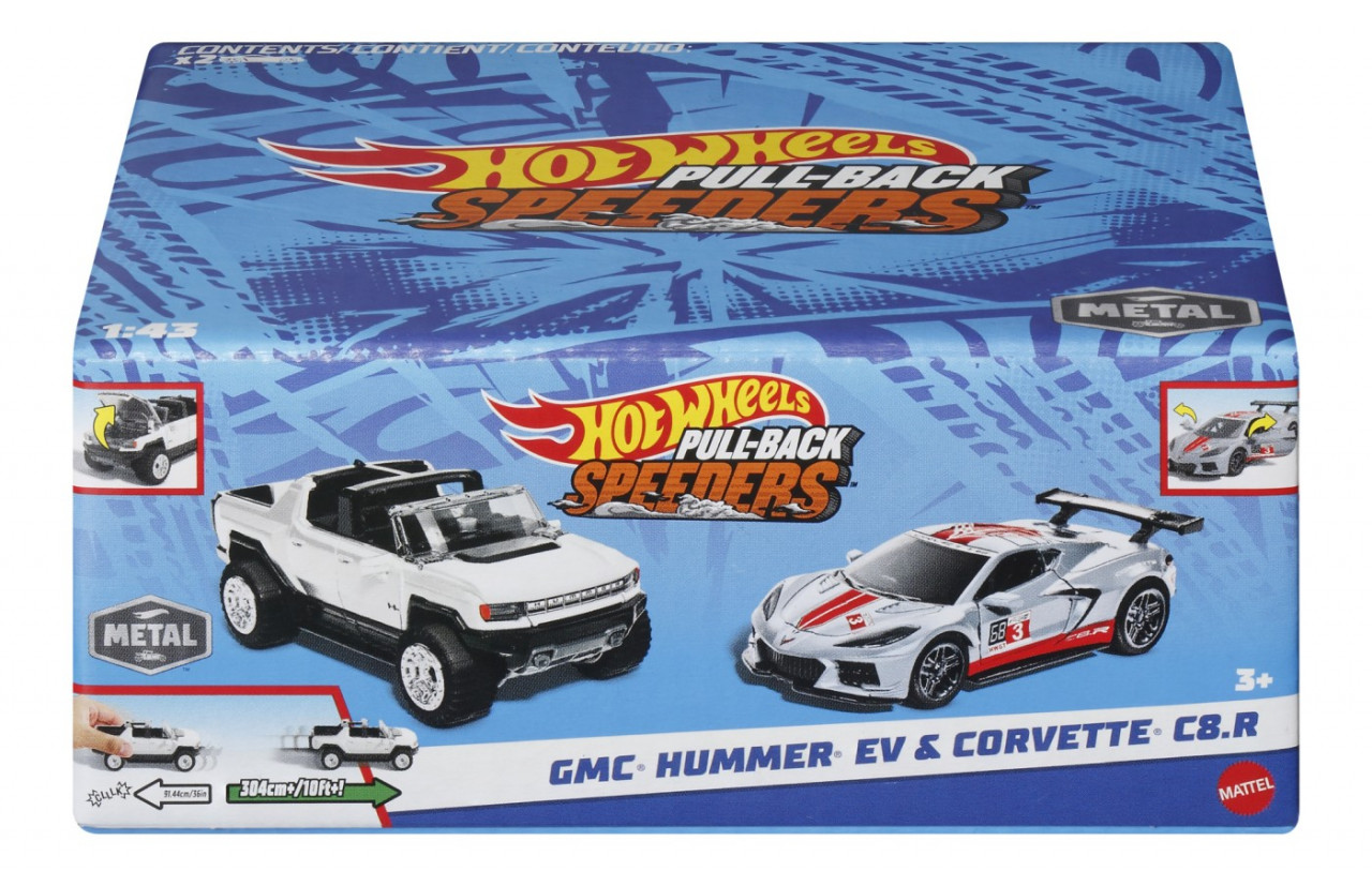 Hot Wheels Set 2 Masinute Metalice Pull Back Gmc Hummer Ev Si Corvette C8R 1:43 - 1 | YEO