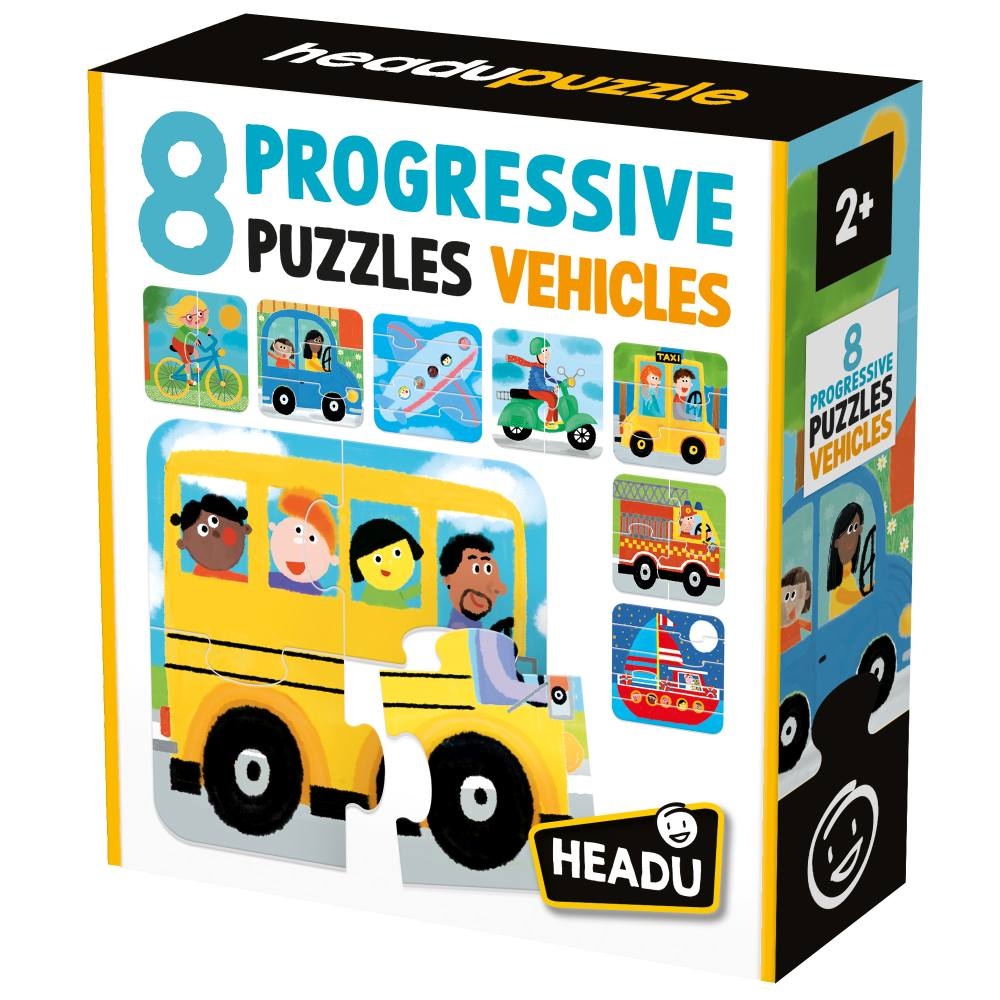 Headu - 8 Puzzleuri progresive Vehicule cu piese mari pentru copiii de peste 2 ani