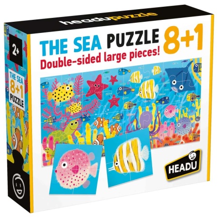 Headu - 8+1 Puzzle Animale Marine cu piese mari imprimate pe ambele fete