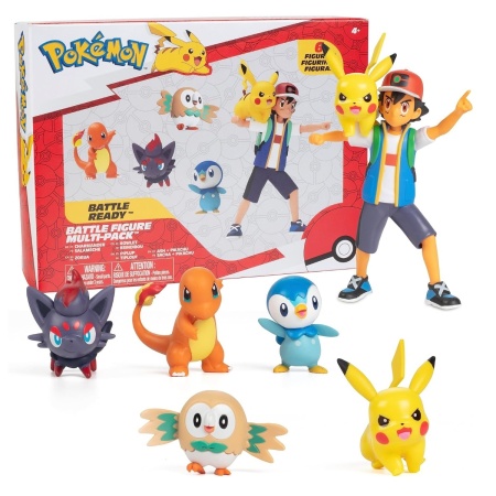 Pokemon - Set de joaca cu 6 figurine, Ash & Pikachu & Charmander #1 & Rowlet & Piplup & Zorua