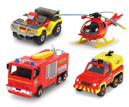 Pompierul Sam Set 4 Vehicule Din Metal Cu Elicopter Scara 1:64