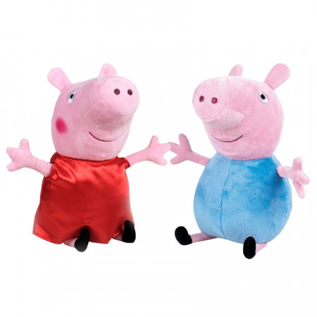 Set 2 jucarii din plus George 27 cm & Peppa Pig cu rochie rosie din satin 25 cm, Peppa Pig