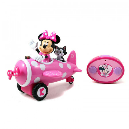 Avion roz cu telecomanda Disney Minnie Mouse, include figurina Minnie Mouse si figurina pisoi Figaro, 19 cm