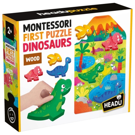 Headu - Montessori primul meu puzzle cu Dinozauri ce include 4 forme din lemn