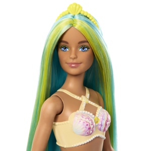 Barbie Dreamtropia Papusa Sirena Cu Corest Galben Si Coada Portocalie - Img 3