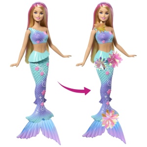 Barbie Papusa Sirena Floare Magica Cu Par Blond Si Coada Albastra - Img 3