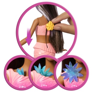Barbie Papusa Sirena Floarea Magica Cu Par Brunet Si Coada Roz - Img 6