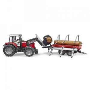 Bruder - Tractor Massey Ferguson 7480 Cu Incarcator Frontal Si Remorca Pentru Lemne - Img 3